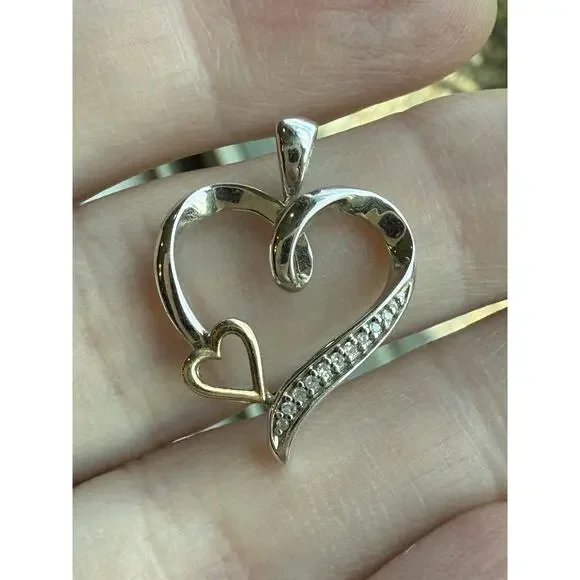 925 Sterling Silver / 10K Gold Real Diamond Double Heart Charm Pendant - Picture 4 of 12